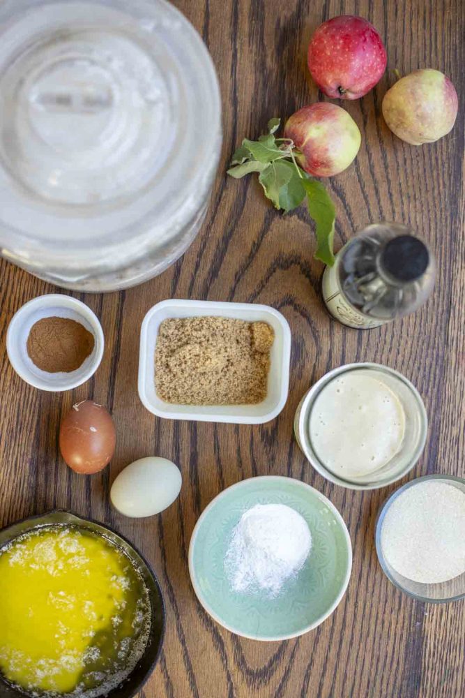 overhead photo of jars, bowls, a small cast iron skillet, eggs, and apples on wood table
