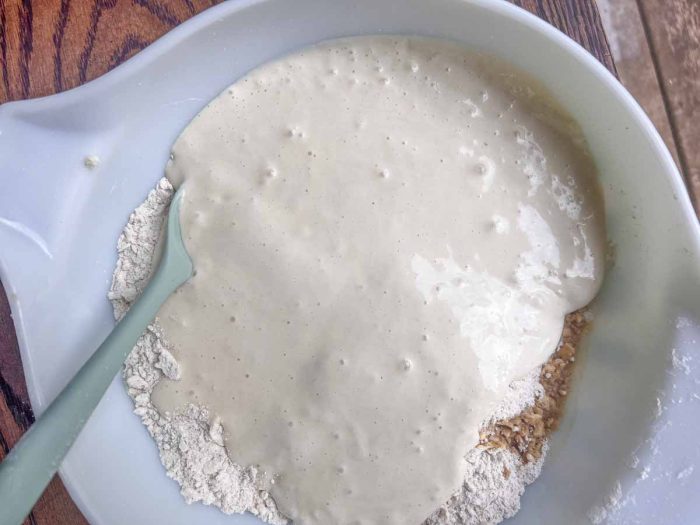 sourdough starter and vanilla added to flour butter mixture