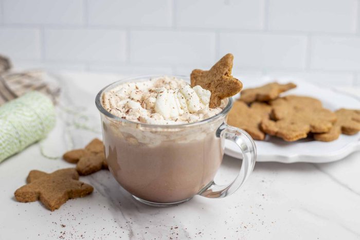 side view of a glass mug of gingerbread hot cocoa topped with whipped cream, cinnamon and a star shaped gingerbread cookie on a marble countertop. The mug is surrounded by cookies, green and white string and a plate of cookies in the background