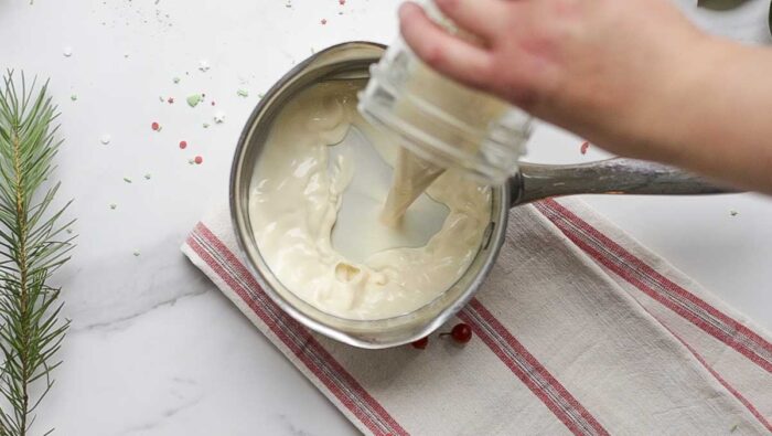 eggnog poured into a saucepan.