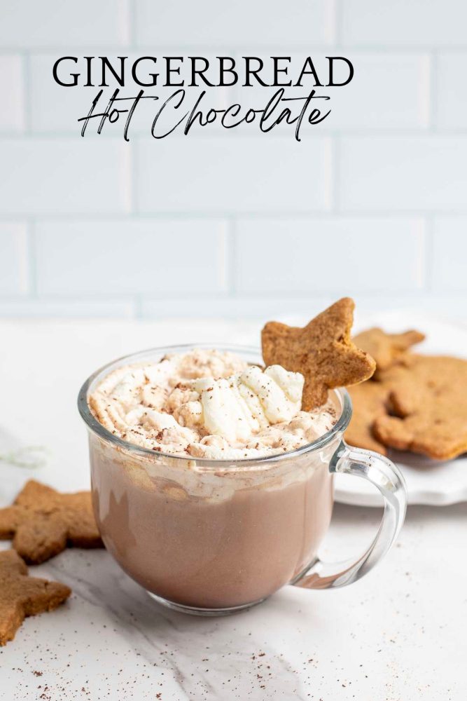 Glass mug with gingerbread hot chocolate topped with homemade whipped cream and a star shaped gingerbread cookie. The mug is on a marble counter and has gingerbread cookies to the left and a plate of cookies in the background