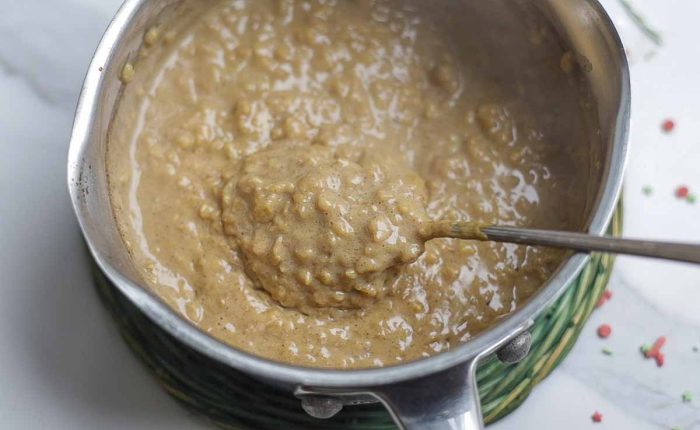 thick and hot oatmeal in a small saucepan