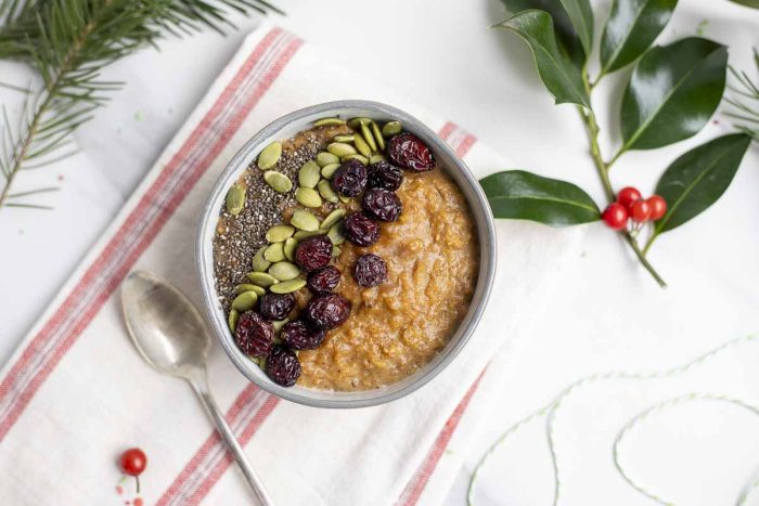 overhead photo of a bowl of gingerbread oatmeal.