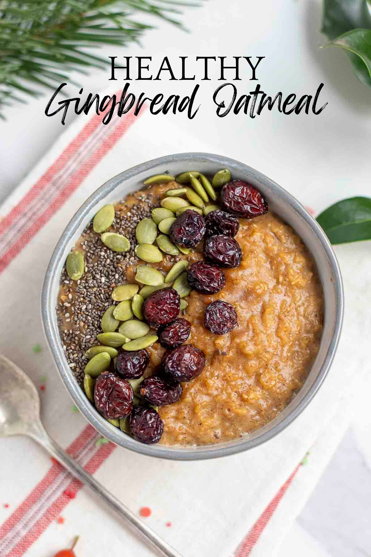 overhead photo of a bowl of gingerbread oatmeal topped with pumpkin seeds, chia seeds, and raisins on a white and cream stripped towel with greenery in the background.