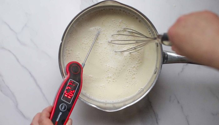 hand whisking eggnog in a saucepan with a thermometer taking the temp to make sure it is at 160 degrees