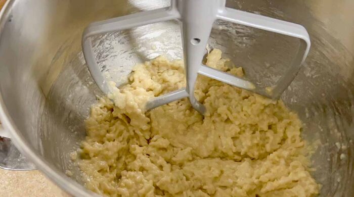 sourdough quick bread batter mixed up in a stand mixer bowl