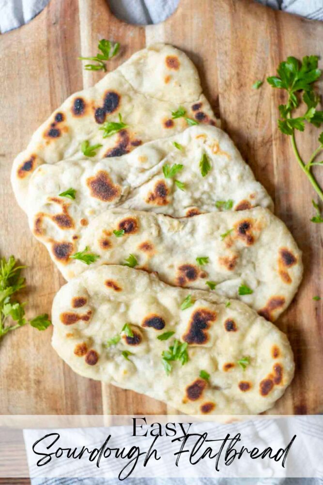 overhead photos of 4 sourdough flatbread on a wooden cutting board with parsley sprinkled around 