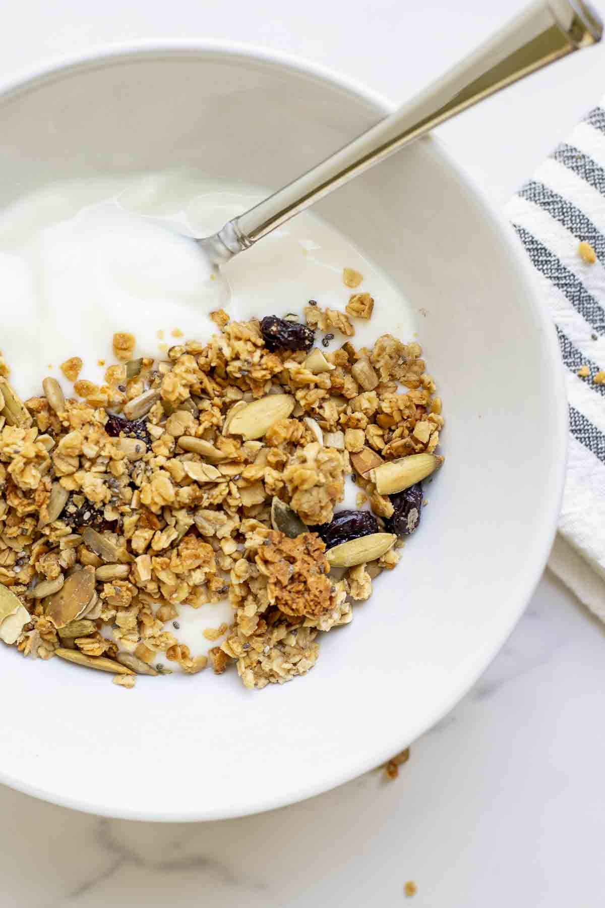 overhead photo of a bowl of yogurt topped with sourdough granola with sunflower seeds, pumpkin seeds, and dried cranberries on a marble countertop.