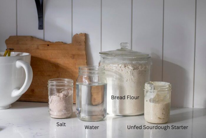 Salt, water, flour, and unfed starter in jars on a countertop.