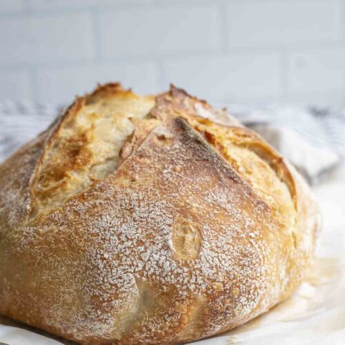 Side view of a sourdough bread loaf.