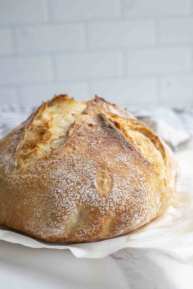 Side view of a sourdough bread loaf.