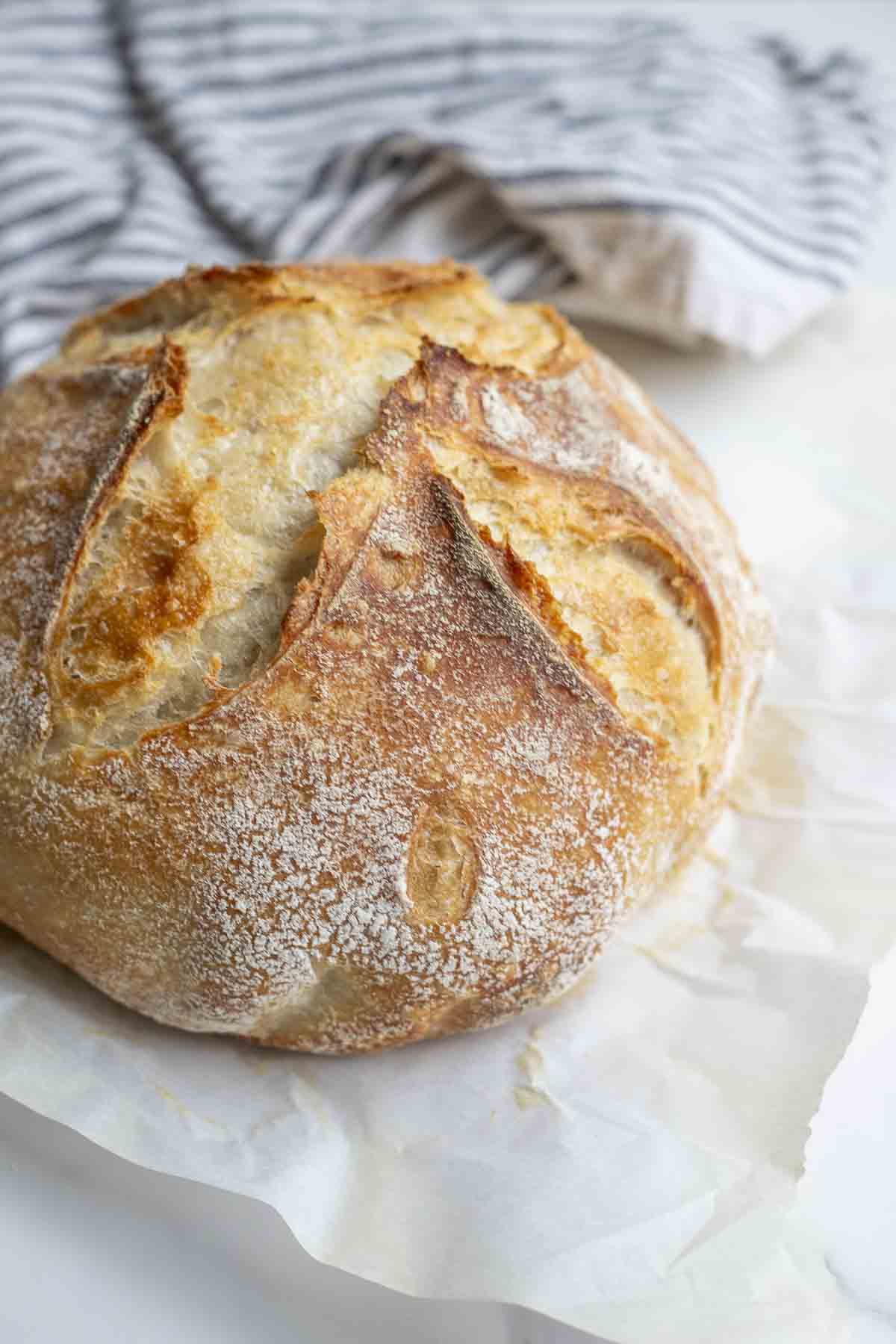 Sourdough bread made with unfed starter on parchment paper with a towel in the background.