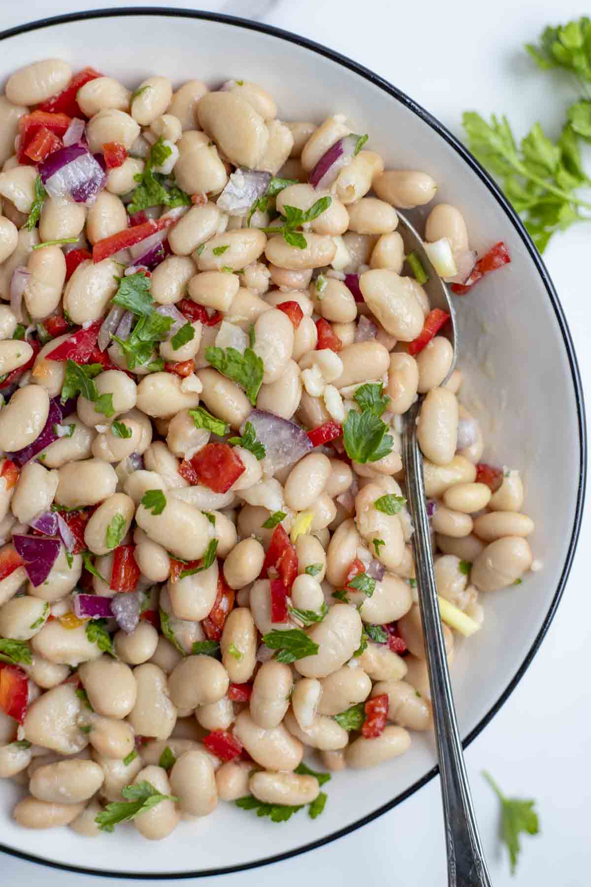 overhead photo of a half of bowl of white bean salad with herbs surrounding the bowl.