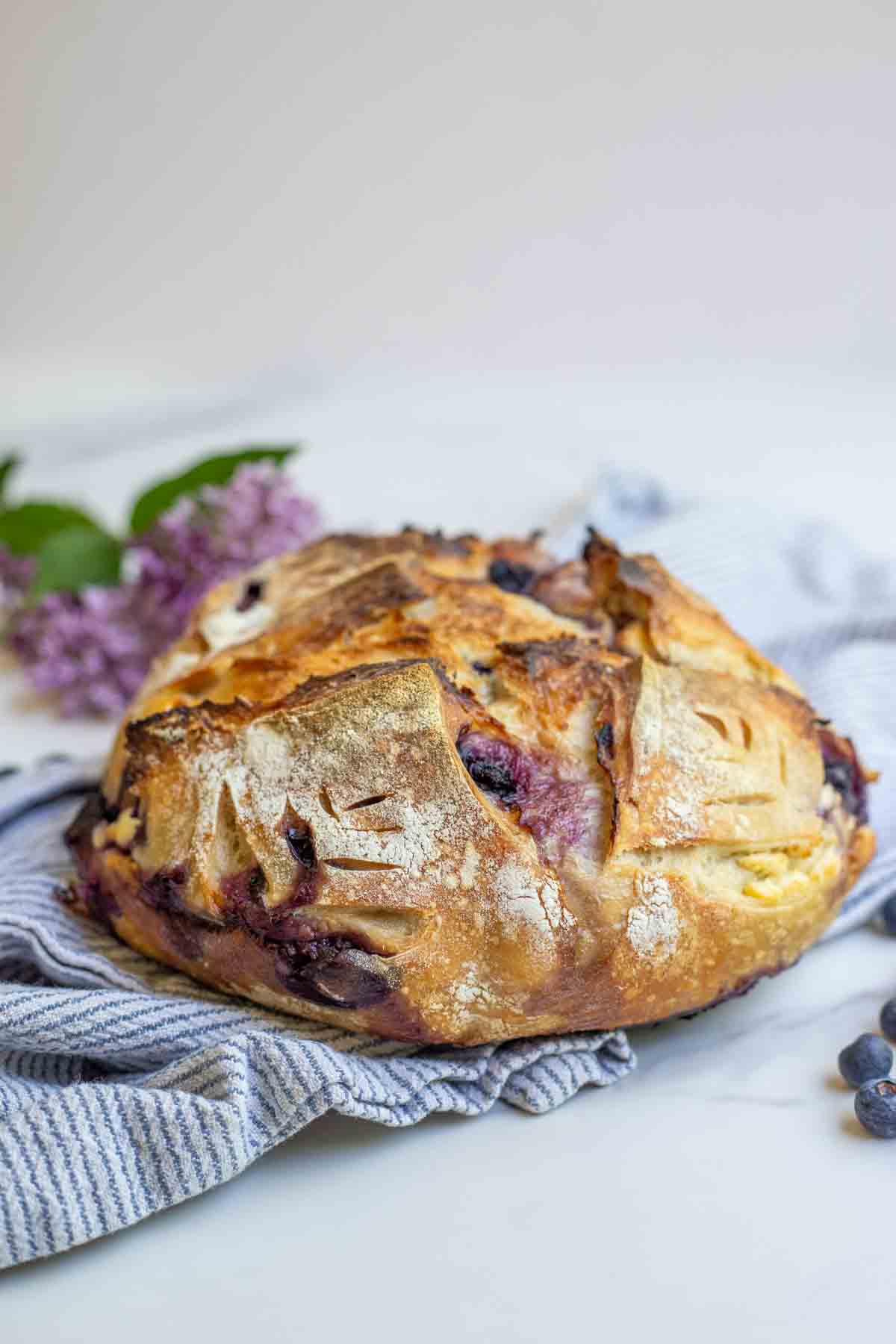 Loaf of sourdough blueberry cream cheese boule on a stripped towel.