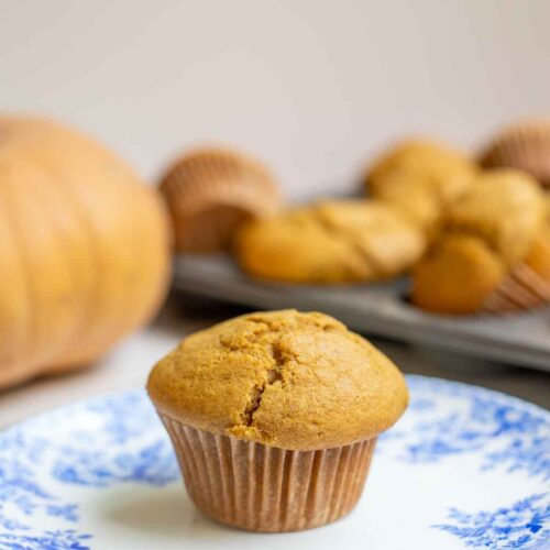 Sourdough pumpkin muffin on a blue and white floral plate with a pumpkin and more muffins in the background.