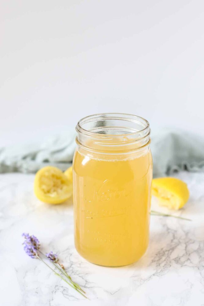 Lavender lemonade in a jar ready for the fridge to cool.
