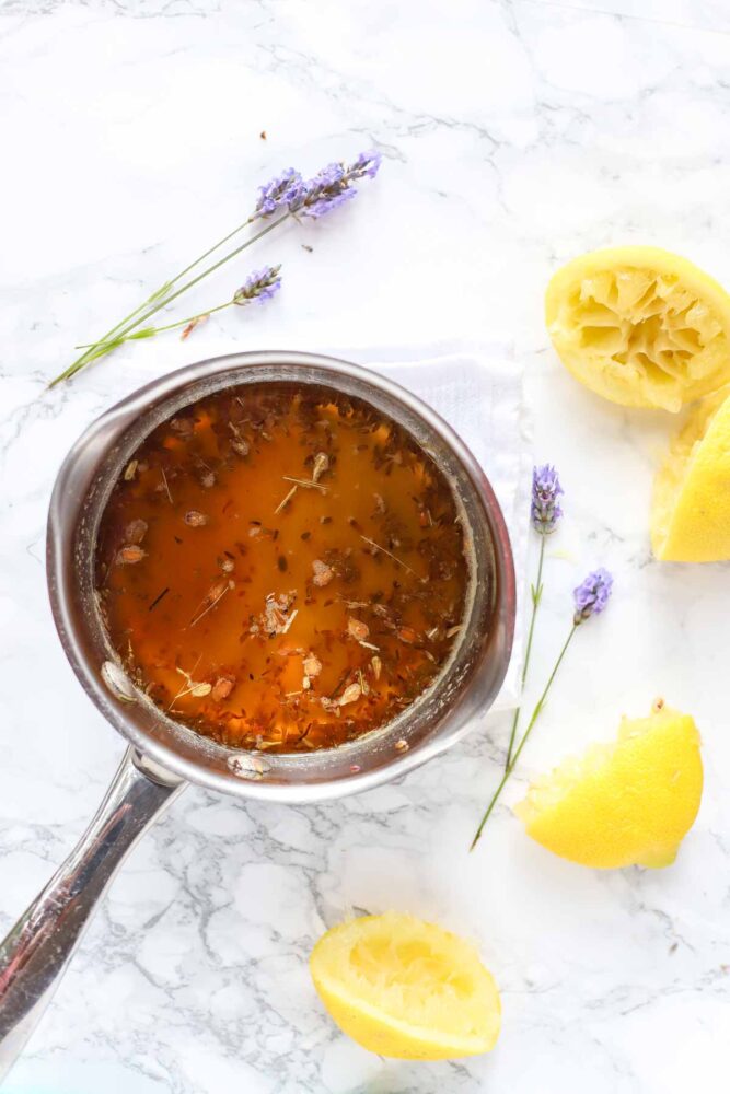 lemon juice, honey, and dried lavender in a saucepan.