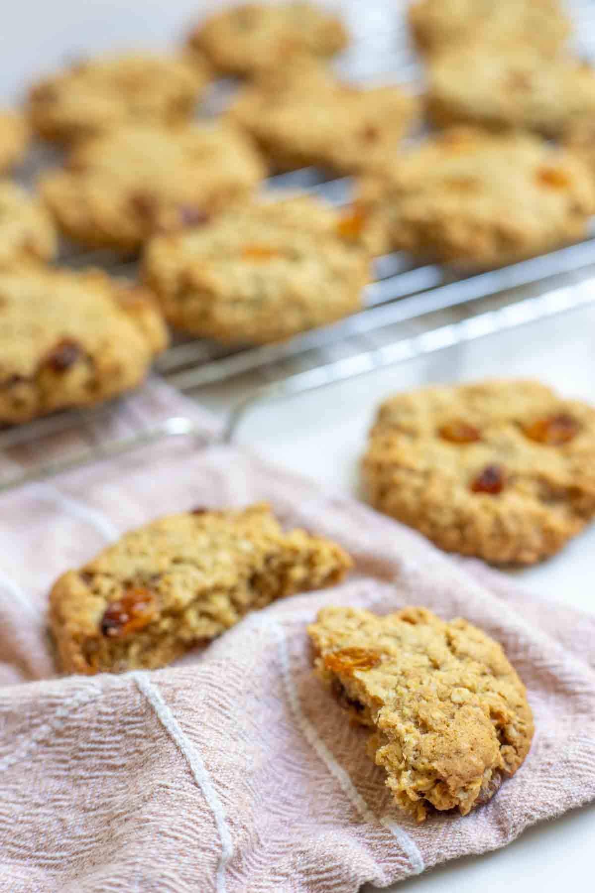 Sourdough oatmeal raisin cookie cut in half with more cookies in the background.
