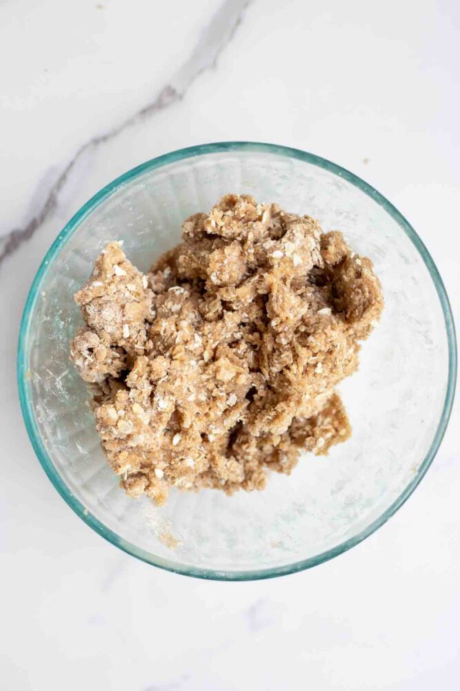 Crisp topping mixed up in a glass bowl.