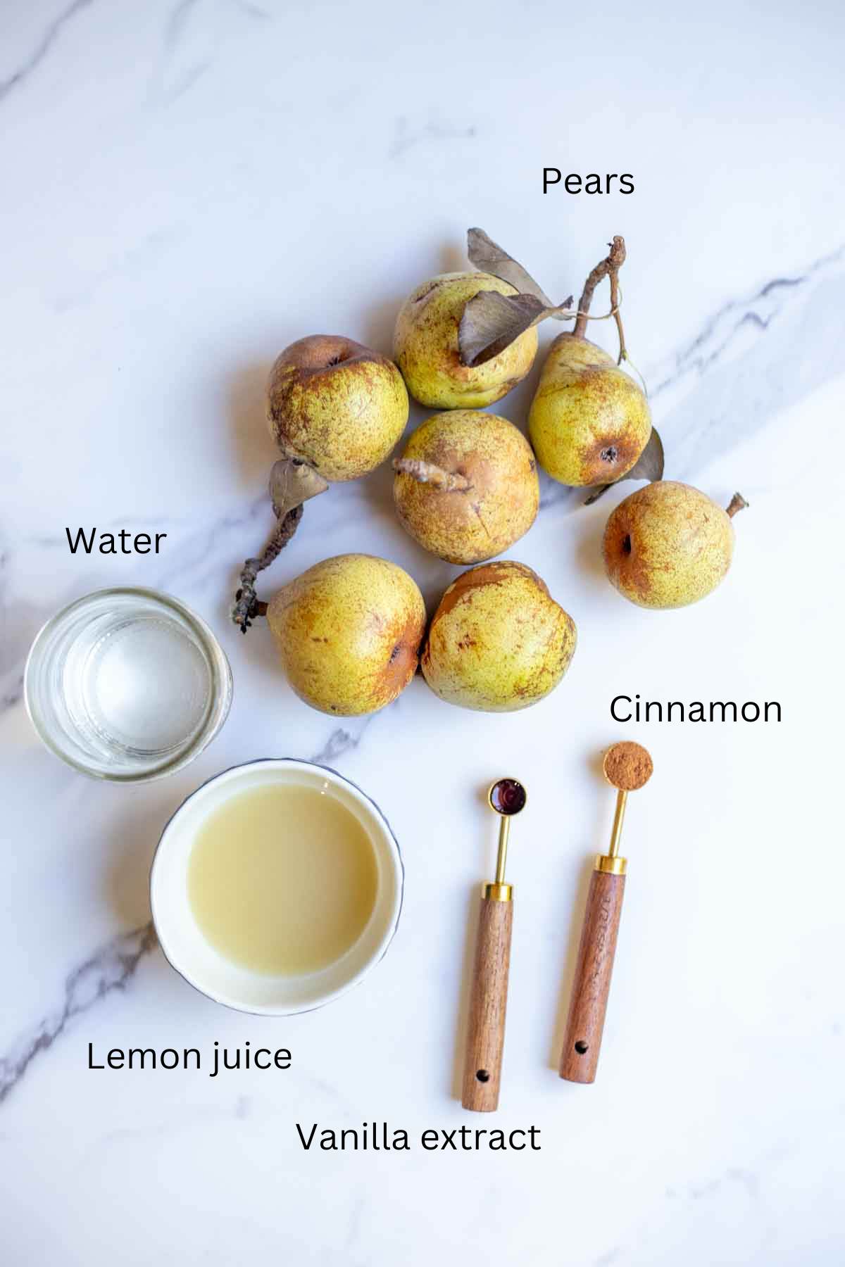 Pears, water, lemon juice, and measuring spoons of vanilla and cinnamon on a countertop.
