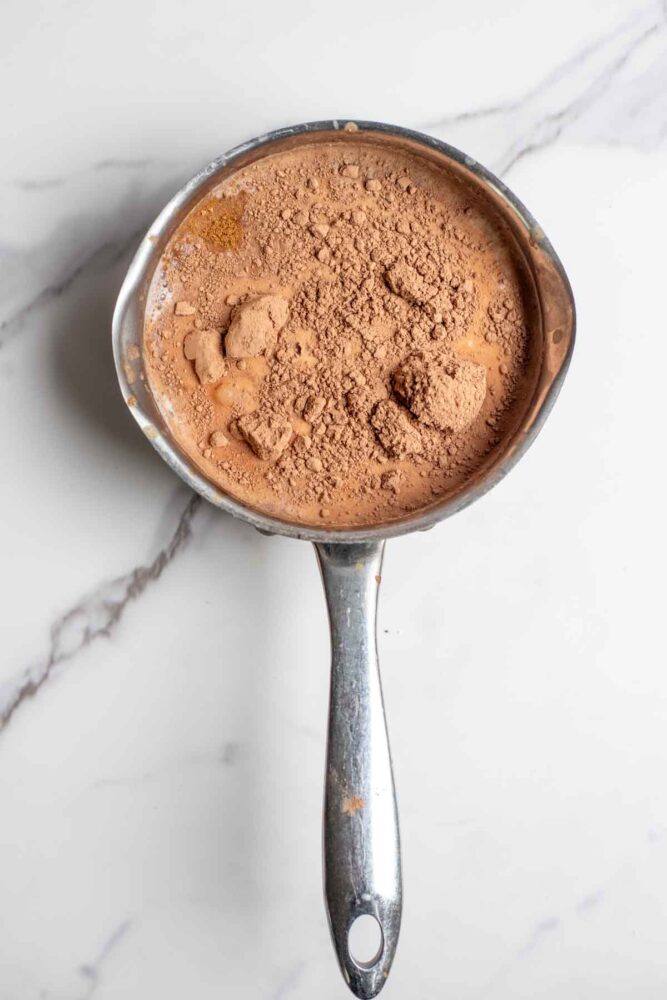 Milk, cocoa powder, maple syrup, pumpkin puree, pumpkin spice and other ingredients in a saucepan.