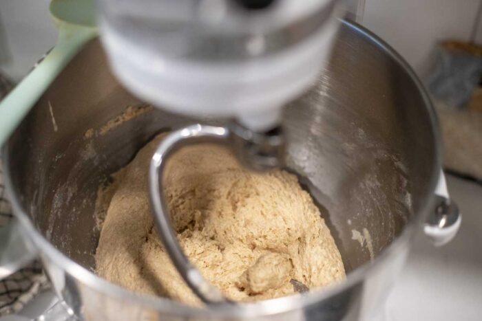 Bread dough autolysing in a stand mixer bowl with a dough hook.