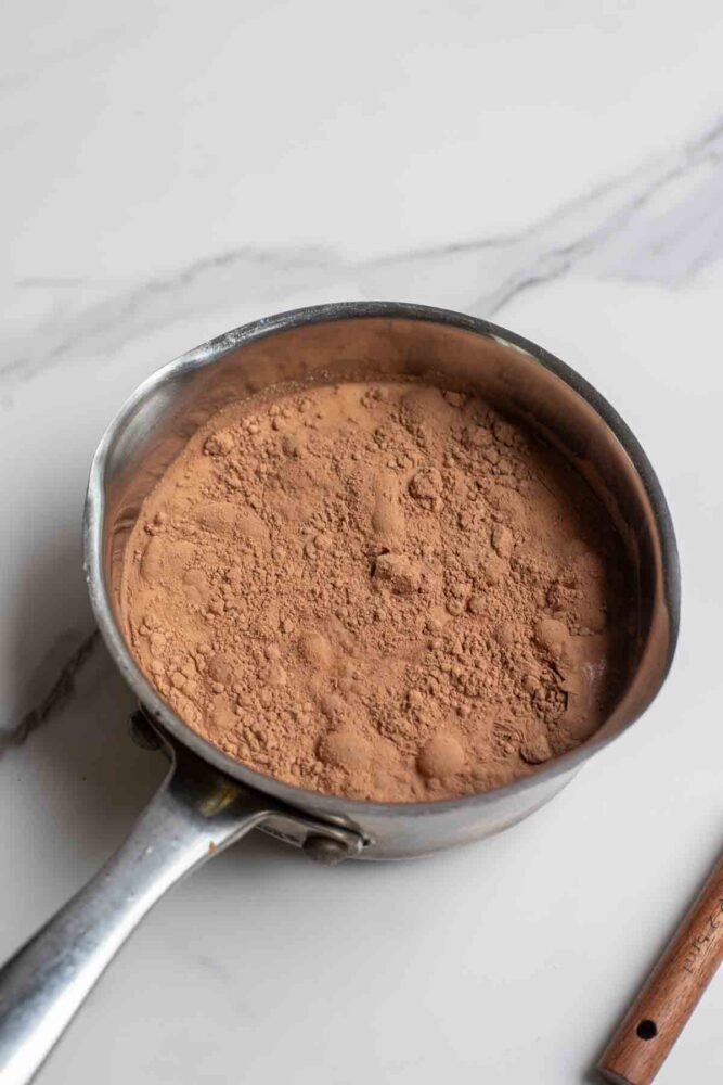 Milk, maple syrup, cocoa powder vanilla and salt in a saucepan.