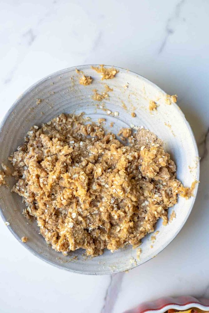 Sourdough starter added to crisp topping and stored together in a white bowl.