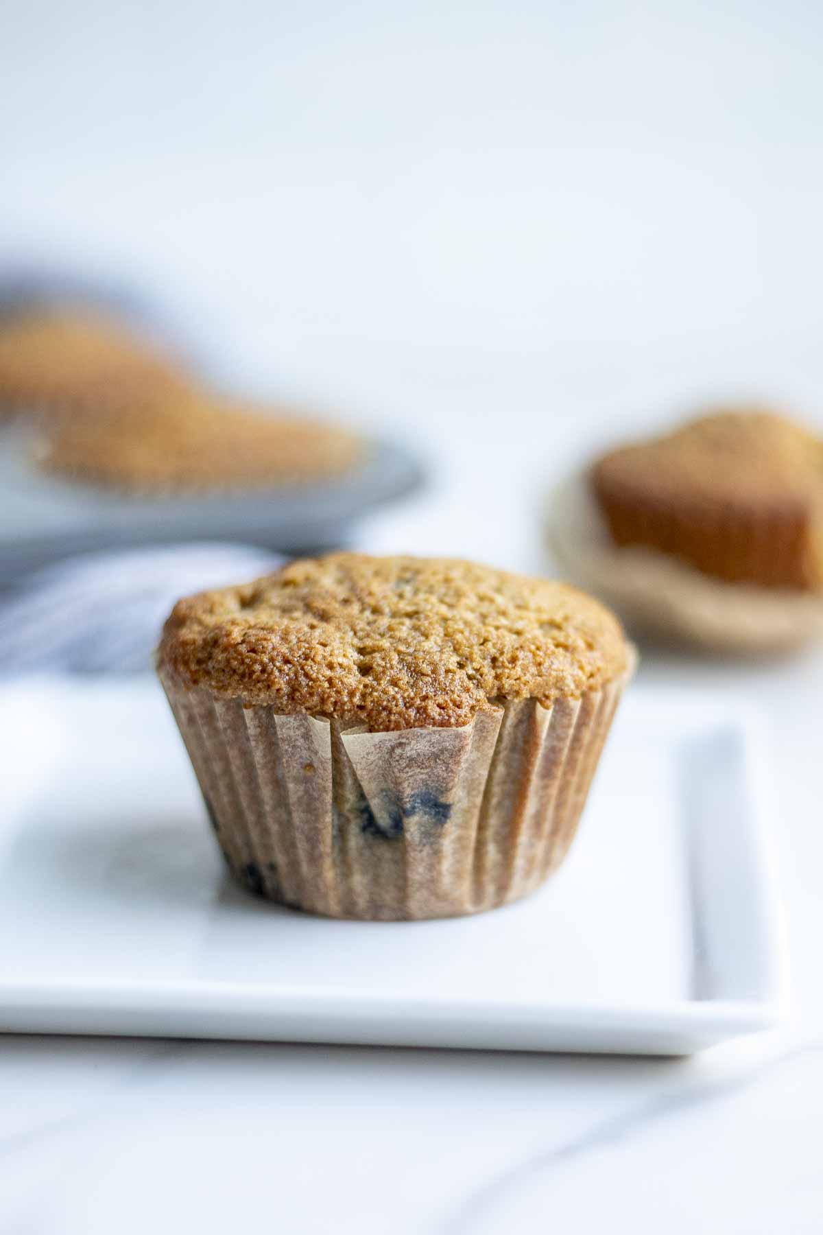 Sourdough blueberry muffin with fresh milled flour on a white plate with more muffins in the background.