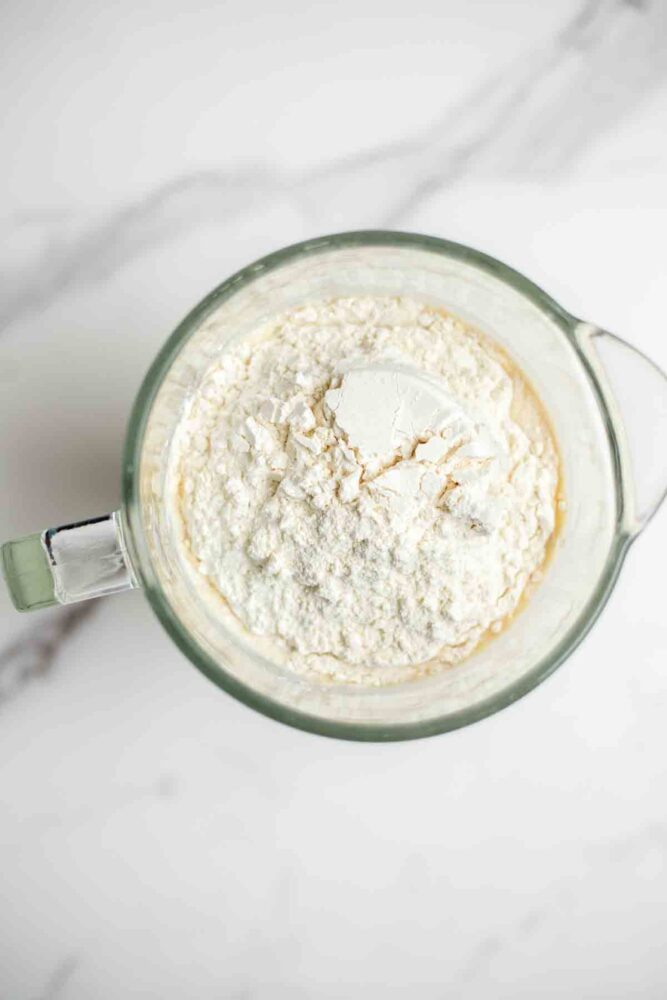 Flour, eggs, milk, sugar in a blender.