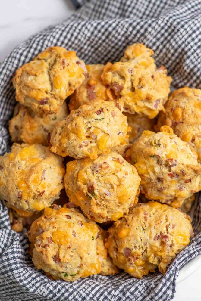 Overhead photo of a basket full of protein breakfast biscuits.