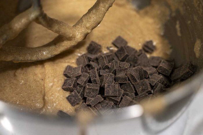 Adding chocolate chips to muffin batter.