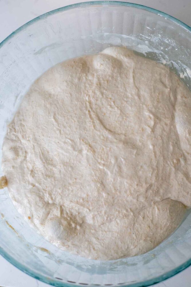 Sourdough Discard Focaccia dough risen and bubbly in a glass bowl.