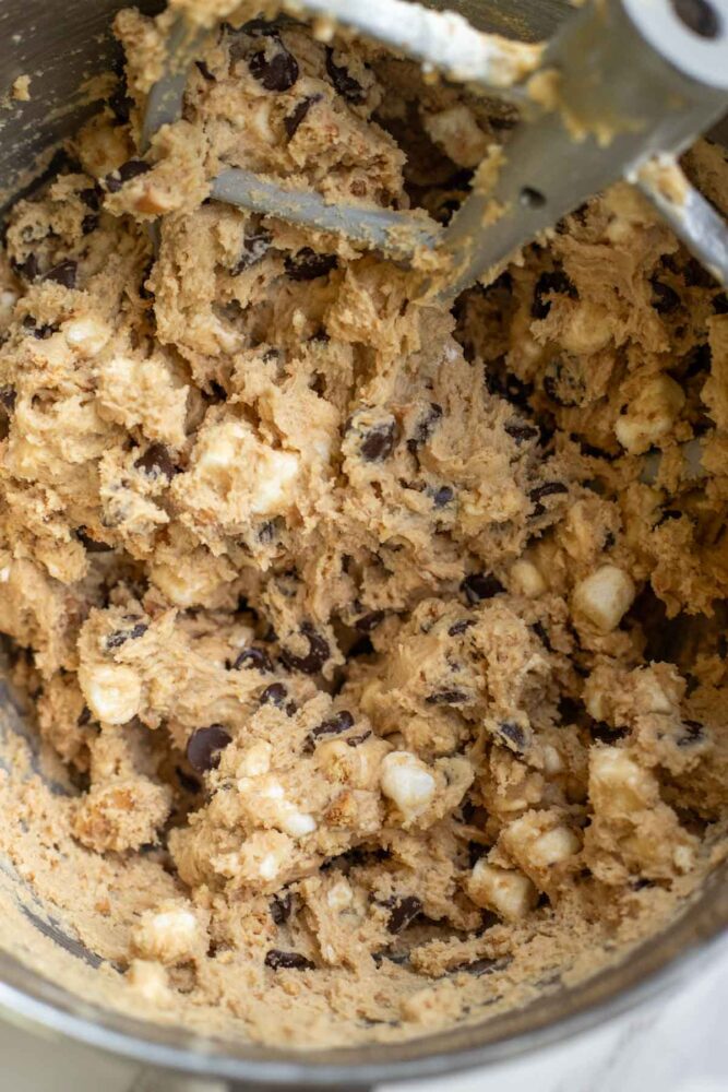 Marshmallows, chocolate chips and graham crackers added to cookie dough batter.