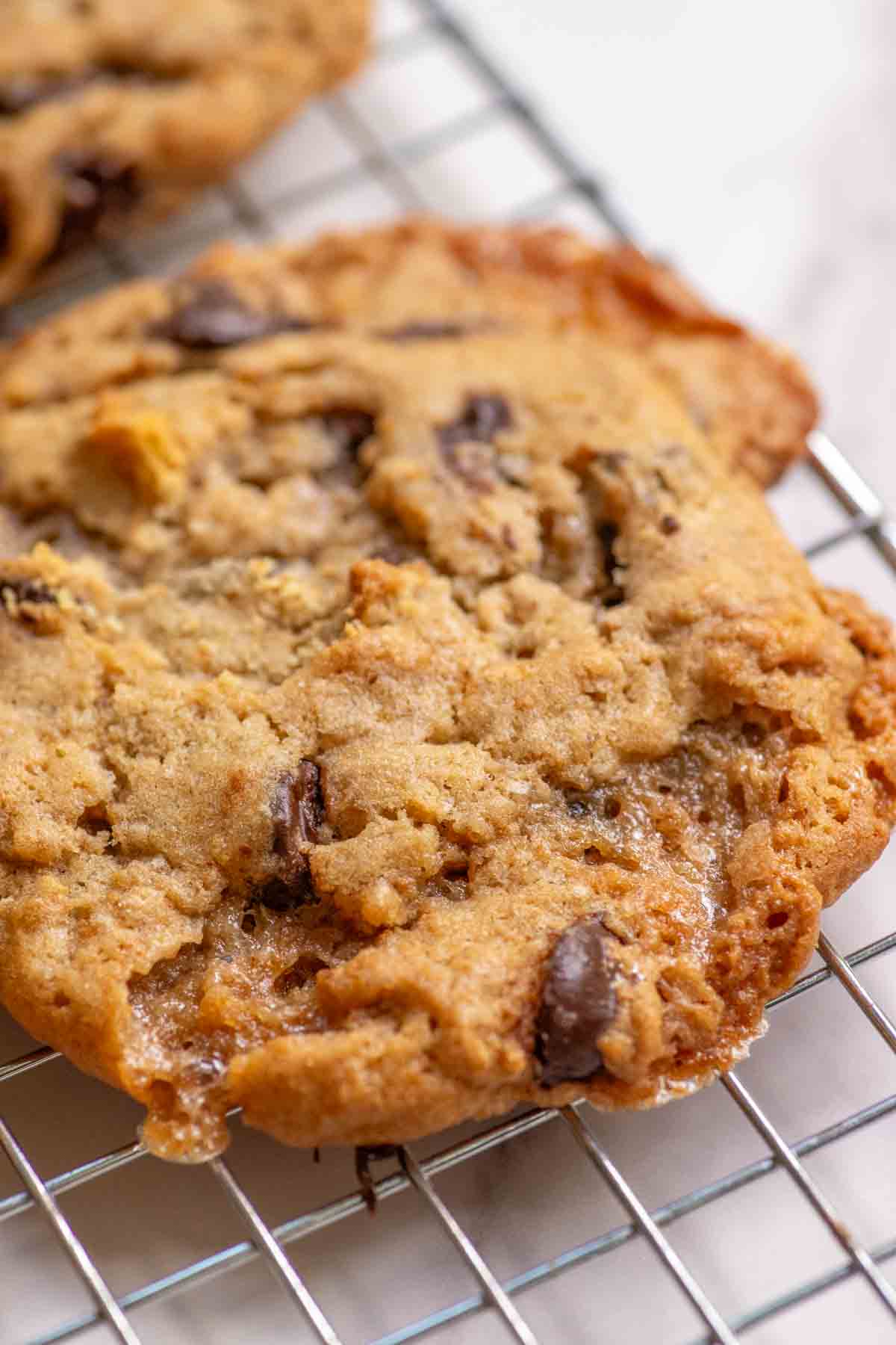 Close up picture of a sourdough s'mores cookie on a cooling rack.