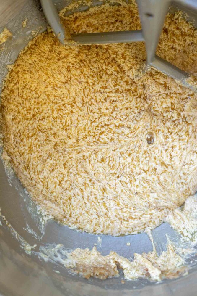Creamed butter and sugar, sourdough starter, eggs, and vanilla mixed together in a stand mixer.