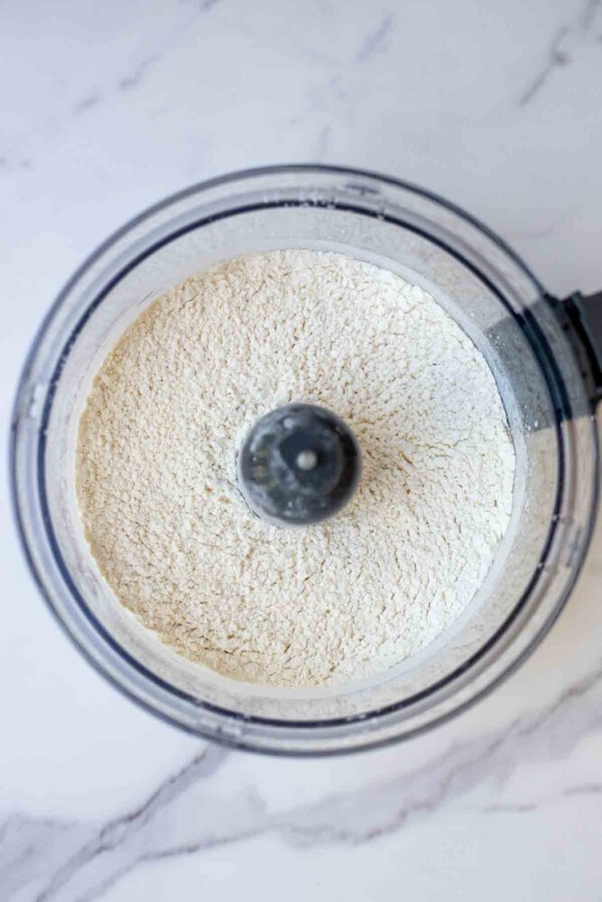 Flour, sugar, salt, baking powder mixed up in a food processor.