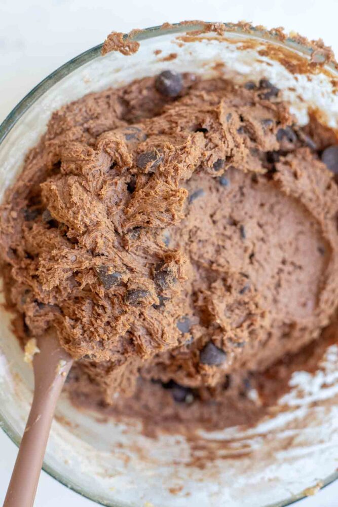 Chocolate chips added to chocolate cookie dough.