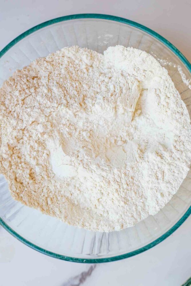 dry ingredients mixed in a glass bowl.