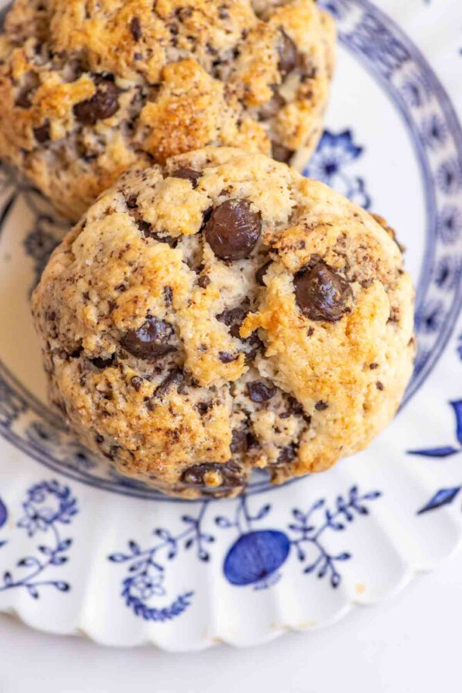 Close up of two sourdough chocolate chip scones make with discard on a white plate.