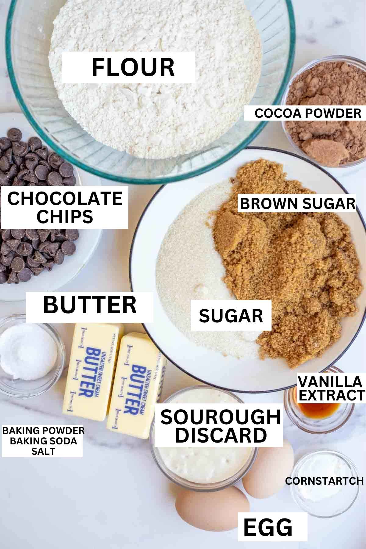 Flour, sugars, cocoa powder, sourdough starter and other ingredients in bowls on a countertop.
