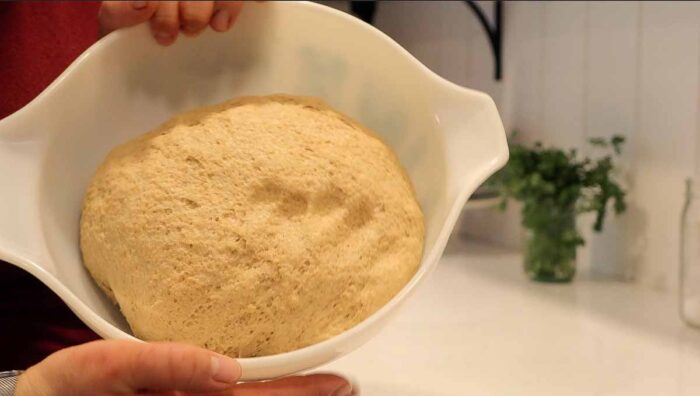 Puffy whole wheat dough in a bowl.