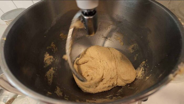 Whole wheat dough being kneaded with dough hook in a stand mixer.