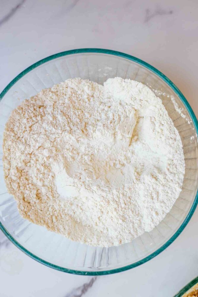 dry ingredients mixed together in a glass bowl.