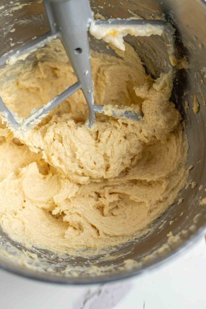 sourdough starter, butter, sugar, egg yolk mixed together in a stand mixer bowl.